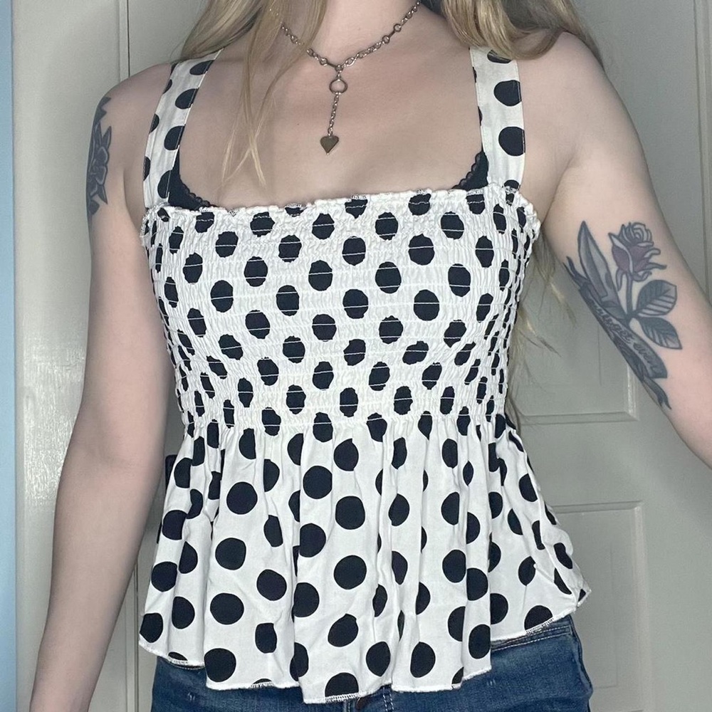 Black And White Polka Dot Ruched Babydoll Tank Top Size M